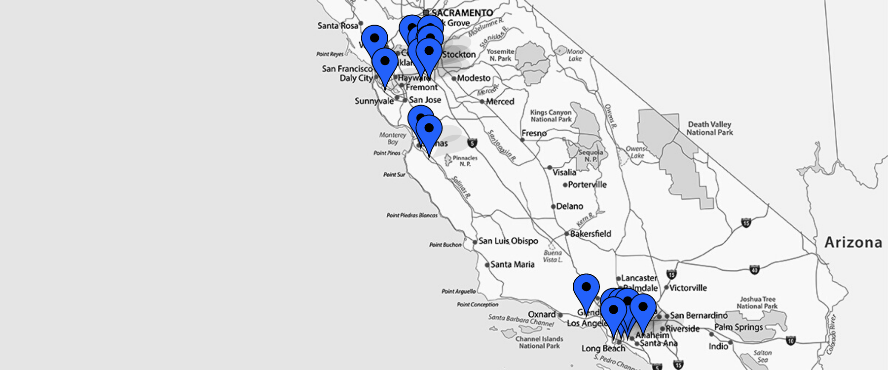 Image of a map with blue pins that indicate the locations Stone Soup has served at